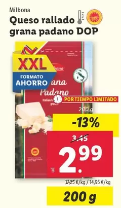 Oferta de Milbona - Queso Rallado Grana Padano DOP por 2,99€ en Lidl