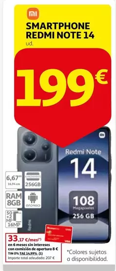 Oferta de Xiaomi - Smartphone Redmi Note 14 por 199€ en Alcampo