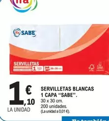 Oferta de Sabe - Servilletas Blancas 1 Capa por 1,1€ en E.Leclerc