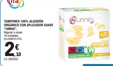 Oferta de Ifa unnia - Tampones 100% Algodon Organico Con Aplicador Suave por 2,1€ en E.Leclerc