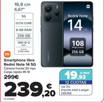 Oferta de Xiaomi - Smartphone Libre Redmi Note 14 5g por 239,2€ en Carrefour