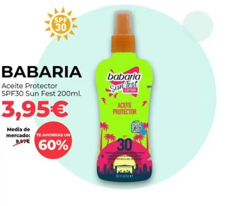 Oferta de Babaria - Aceite Protector Spf30 Sun Fest 200ml por 3,95€ en PrimaPrix