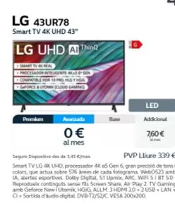 Oferta de LG - 43UR78 Smart TV 4K UHD 43" en Movistar