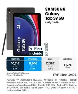 Oferta de Samsung - Galaxy Tab S9 5G por 1049€ en Movistar
