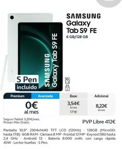 Oferta de Samsung - Galaxy Tab S9 FE por 412€ en Movistar