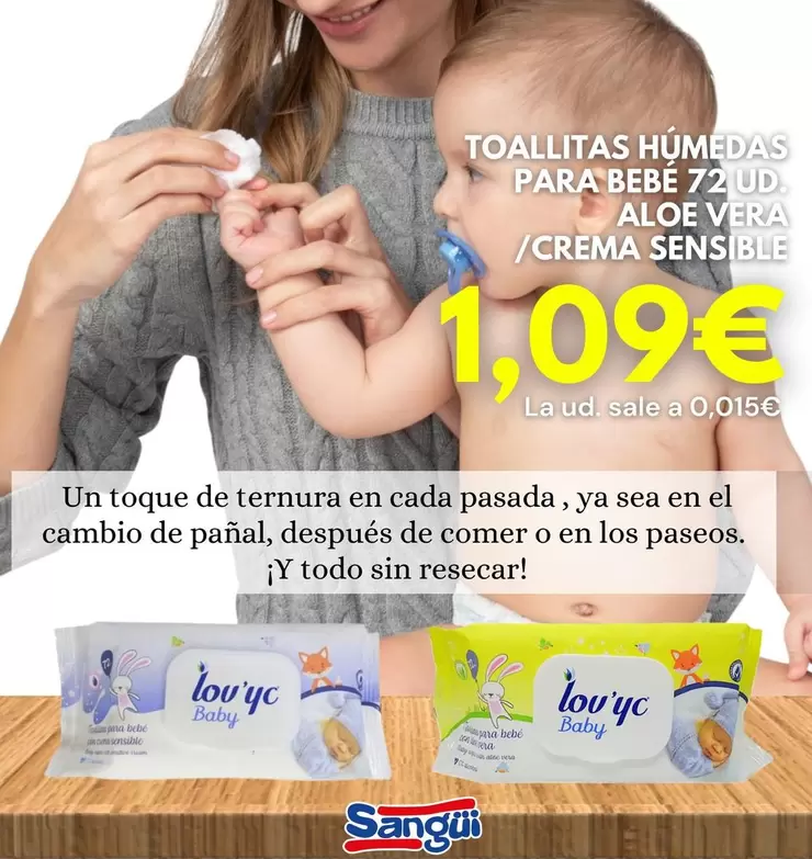 Oferta de Toallitas Húmedas Para Bebe 72 Ud. Aloe Vera /Crema Sensible  por 1,09€ en Sangüi