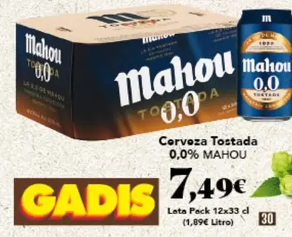 Oferta de Mahou - Cerveza Tostada 0.0% por 7,49€ en Gadis