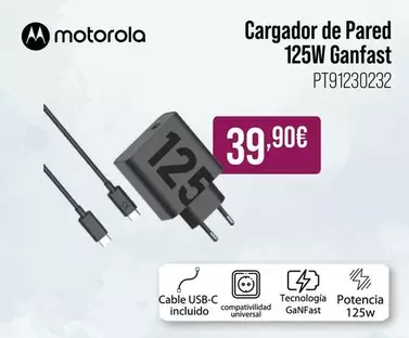 Oferta de Motorola - Cargador De Pared 125W Ganfast por 39,9€ en MR Micro
