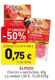 Oferta de Elpozo - Chorizo O Salchichon por 1€ en Hiperber
