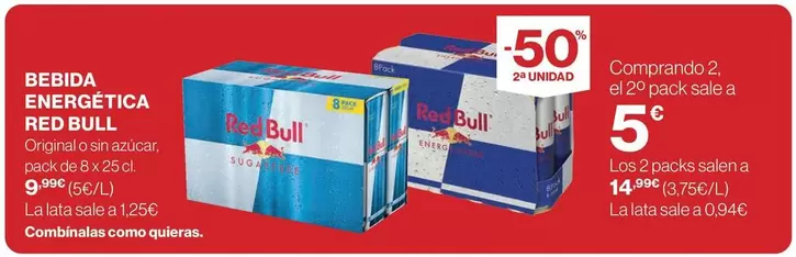 Oferta de Red Bull - Bebida Energetica por 5€ en Hipercor
