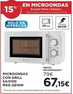 Oferta de Saivod - Microondas Con Grill MSC-2819W por 67,15€ en Hipercor