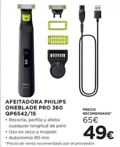Oferta de Philips - Afeitadora Oneblade Pro 360 Qp6542/15 por 49€ en Hipercor