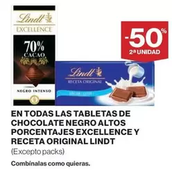 Oferta de Lindt - En Todas Las Tabletas De Chocolate Negro Altos Porcentajes Excellence Y Receta Original en El Corte Inglés
