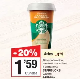 Oferta de Starbucks - Café Capuccino, Caramel Macchiato O Caffe Latte por 1,59€ en SPAR Fragadis