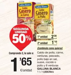 Oferta de Gallina Blanca - Caldo De Pollo, Carne, Verduras, Pescado, Pollo Bajo En Sal, Suave, Cocido O Pollo Y Verduras por 1,65€ en SPAR Fragadis