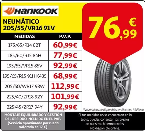 Oferta de Hankook - Neumatico 205/55/vr16 91v por 76,99€ en Alcampo