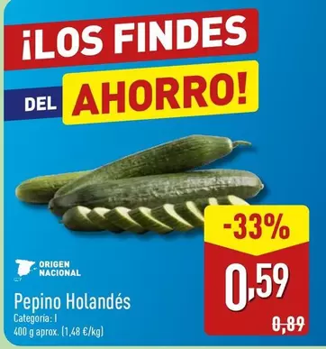 Oferta de Origen - Pepino Holandes por 0,59€ en ALDI