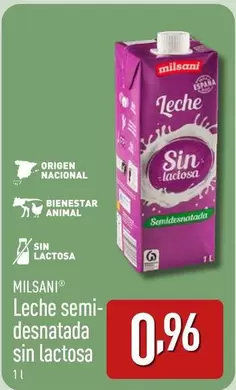 Oferta de Milsani - Leche Semi Desnatada Sin Lactosa por 0,96€ en ALDI