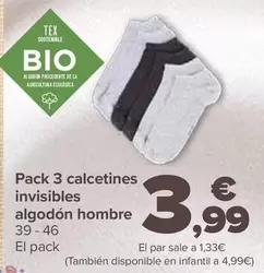Oferta de Pack 3 Calcetines Invisibles Algodón Hombre por 3,99€ en Carrefour
