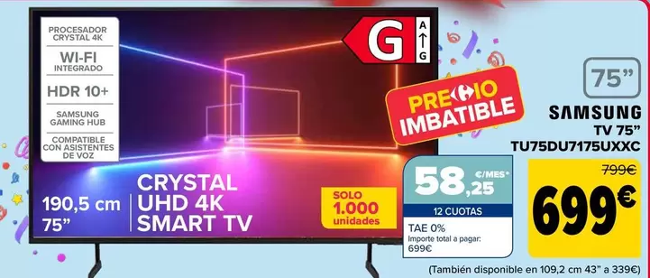 Oferta de Samsung - Tv 75" TU75DU7175UXXC por 699€ en Carrefour