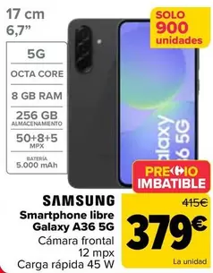 Oferta de Samsung - Smartphone Libre Galaxy A36 5g por 379€ en Carrefour
