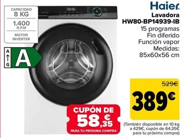 Oferta de Haier - Lavadora  Hw80-bp14939-ib por 389€ en Carrefour