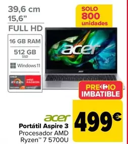 Oferta de Acer - Portátil Aspire 3 por 499€ en Carrefour