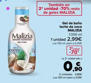 Oferta de Malizia - Gel De Baño  Leche De Coco   en Carrefour