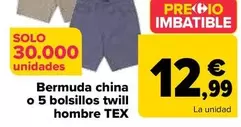 Oferta de TEX - Bermuda China O 5 Bolsillos Twill Hombre por 12,99€ en Carrefour