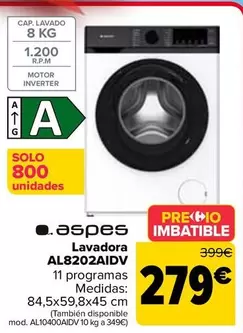 Oferta de Aspes - Lavadora Al8202aidv por 279€ en Carrefour