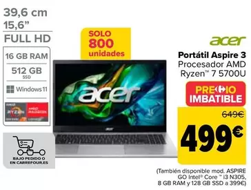 Oferta de Acer - Portátil Aspire 3 por 499€ en Carrefour