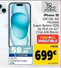 Oferta de Apple - Iphone 15 por 699€ en Carrefour