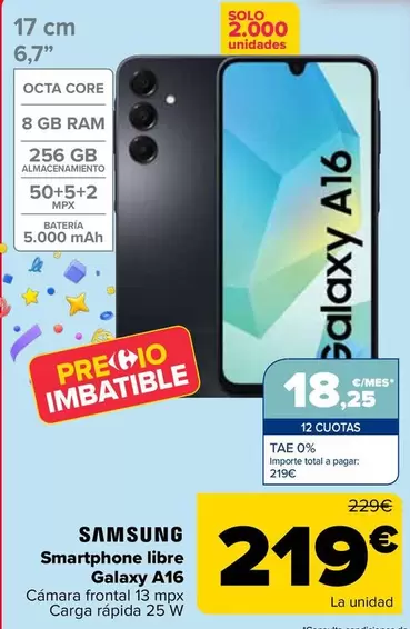 Oferta de Samsung - Smartphone Libre Galaxy A16 por 219€ en Carrefour