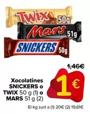Oferta de Chocolatinas Snickers O Twix O Mars por 1€ en Carrefour