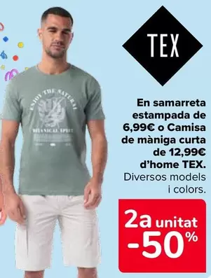 Oferta de TEX - En Camiseta Estampada De 6,99€ O Camisa Manga Corta  De 12,99€  Hombre  en Carrefour