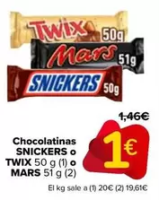 Oferta de Chocolatinas Snickers O Twix O Mars por 1€ en Carrefour