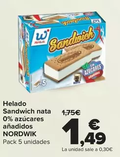 Oferta de Nordwik - Helado Sandwich Nata 0% Azúcares Añadidos por 1,49€ en Carrefour