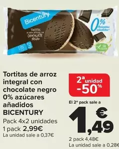 Oferta de Bicentury - Tortitas De Arroz Integral Con Chocolate Negro 0% Azúcares Añadidos en Carrefour