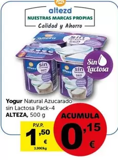 Oferta de Alteza - Yogur Natural Azucarado Sin Lactosa Pack-4 por 1,5€ en Masymas