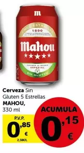 Oferta de Mahou - Cerveza Sin Gluten 5 Estrellas por 0,85€ en Masymas