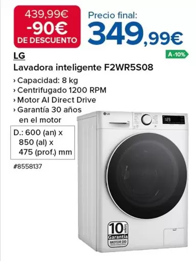 Oferta de LG - Lavadora Inteligente F2WR5S08 por 349,99€ en Costco