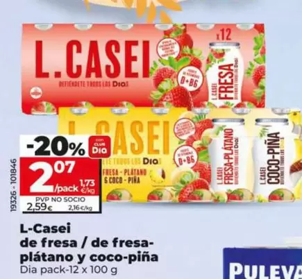 Oferta de Dia - L-Casei De Fresa / De Fresa-Plátano Y Coco-Piña por 2,07€ en Dia
