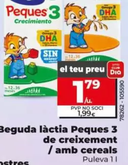 Oferta de Puleva - Bebida Láctea Peques 3 De Crecimiento/Con Cereales por 1,79€ en Dia
