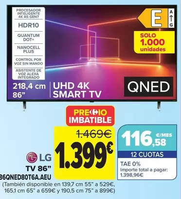 Oferta de Lg - Tv 86" 86qned80t6aaeu por 1399€ en Carrefour