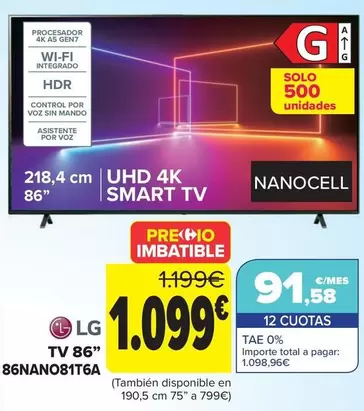 Oferta de Lg - Tv 86" 86nano81t6a por 1099€ en Carrefour