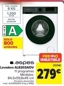 Oferta de Aspes - Lavadora AL8202AIDV por 279€ en Carrefour