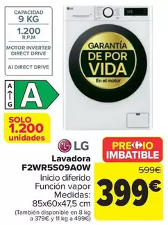 Oferta de LG - Lavadora F2WR5S09A0W por 399€ en Carrefour