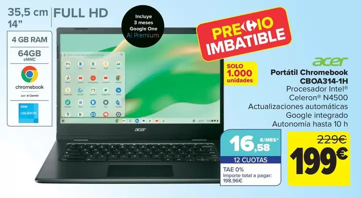 Oferta de Acer - Portátil Chromebook  Cboa314-1h por 199€ en Carrefour