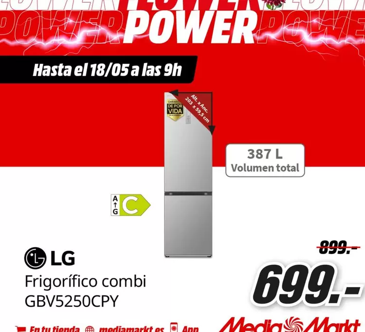 Oferta de LG - Frigorifico Combi Gbv5250cpy por 699€ en MediaMarkt