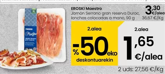 Oferta de Eroski Maestro - Jamón Serrano Gran Reserva Duroc, Lonchas Colocadas A Mano por 3,3€ en Eroski